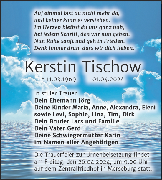 Traueranzeige von Kerstin Tischow von Trauerkombi Merseburg