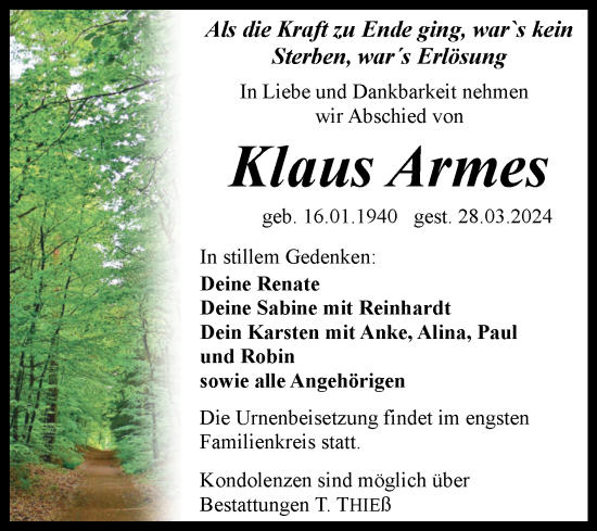 Traueranzeige von Klaus Armes von Trauerkombi Quedlinburg