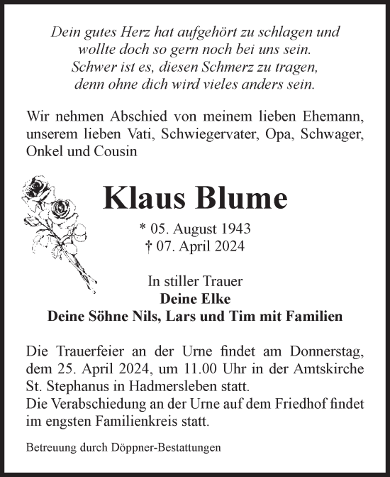 Traueranzeige von Klaus Blume von Volksstimme Oschersleben/Wanzleben