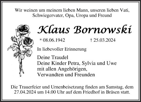Traueranzeige von Klaus Bornowski von Trauerkombi Wittenberg