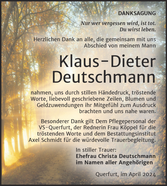 Traueranzeige von Klaus-Dieter Deutschmann von Super Sonntag Merseburg/Querfurt