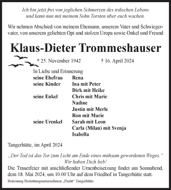 Traueranzeige von Klaus-Dieter Trommeshauser von Volksstimme Altmark Ost