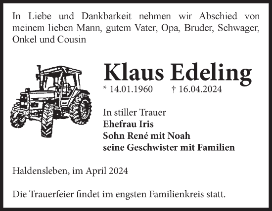 Traueranzeige von Klaus Edeling von Volksstimme Haldensleben/Wolmirstedt