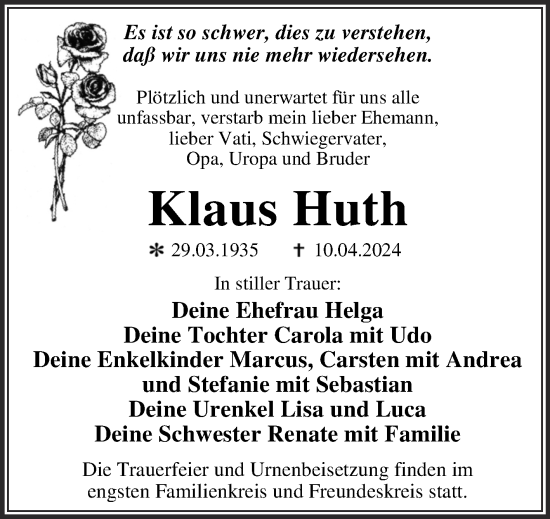 Traueranzeige von Klaus Huth von Trauerkombi Dessau