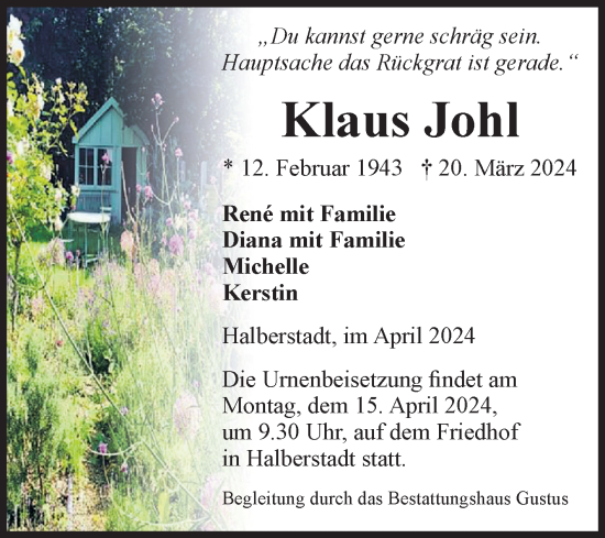 Traueranzeige von Klaus Johl von Volksstimme Halberstadt