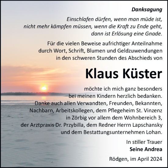 Traueranzeige von Klaus Küster von Trauerkombi Bitterfeld