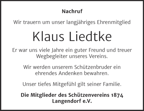 Traueranzeige von Klaus Liedtke von Trauerkombi Weißenfels