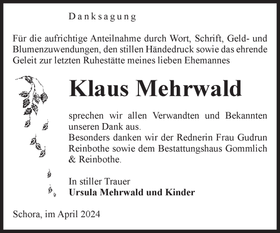 Traueranzeige von Klaus Mehrwald von Volksstimme Zerbst