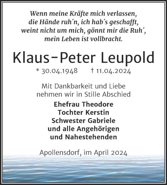 Traueranzeige von Klaus-Peter Leupold von Trauerkombi Wittenberg