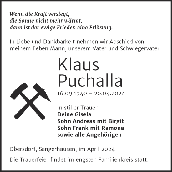 Traueranzeige von Klaus Puchalla von Mitteldeutsche Zeitung Sangerhausen