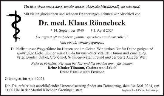 Traueranzeige von Klaus Rönnebeck von Volksstimme Oschersleben/Wanzleben