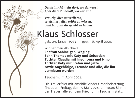 Traueranzeige von Klaus Schlosser von Trauerkombi Weißenfels