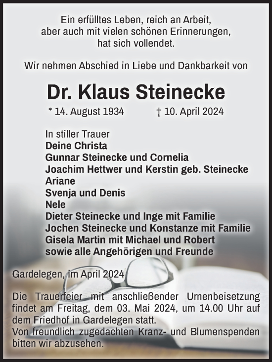 Traueranzeige von Klaus Steinecke von Volksstimme Altmark Ost