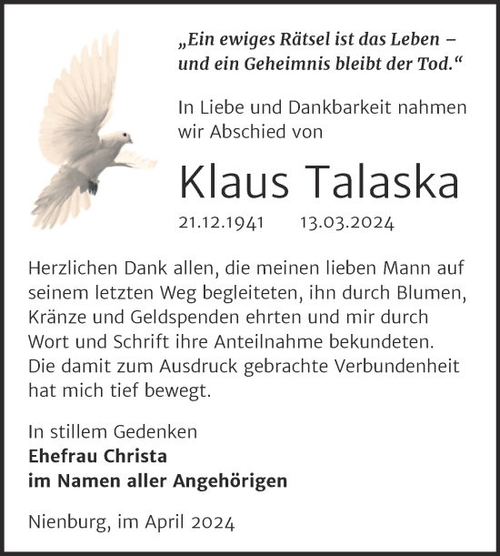 Traueranzeige von Klaus Talaska von Trauerkombi Bernburg
