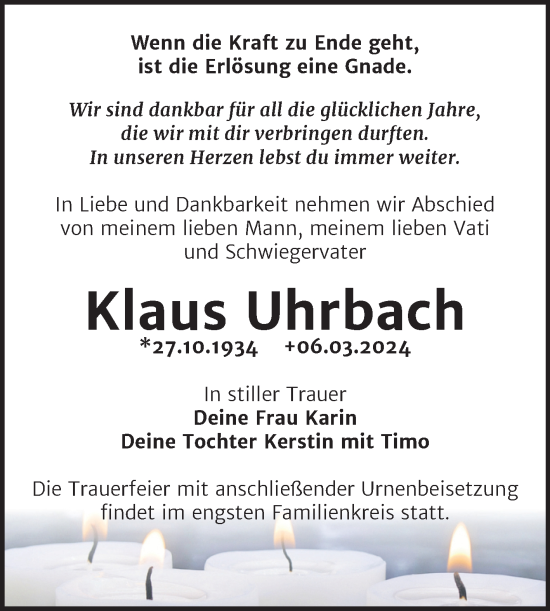 Traueranzeige von Klaus Uhrbach von Mitteldeutsche Zeitung Halle/Saalkreis