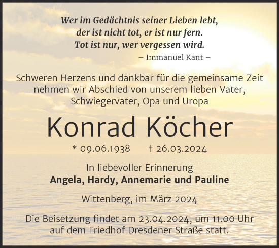 Traueranzeige von Konrad Köcher von Trauerkombi Wittenberg