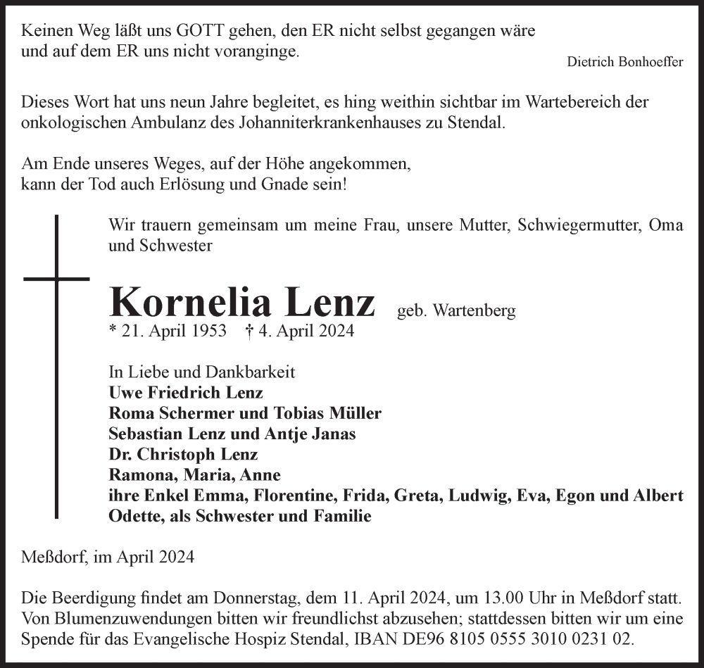 Traueranzeige für Kornelia Lenz vom 06.04.2024 aus Volksstimme Altmark Ost