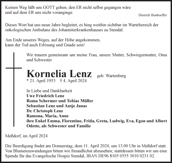 Traueranzeige von Kornelia Lenz von Volksstimme Altmark Ost