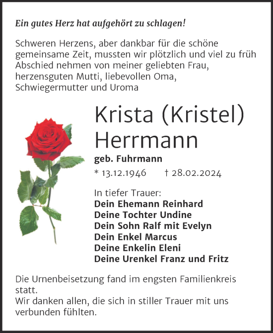Traueranzeige von Krista Herrmann von Trauerkombi Mansfelder Land