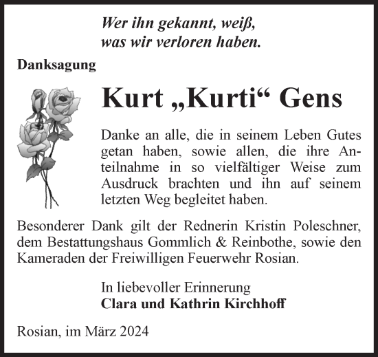 Traueranzeige von Kurt  Gens von Volksstimme Zerbst