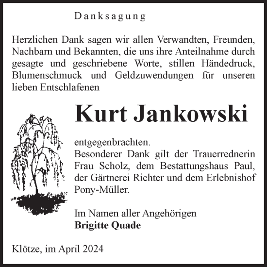 Traueranzeige von Kurt Jankowski von Volksstimme Altmark West