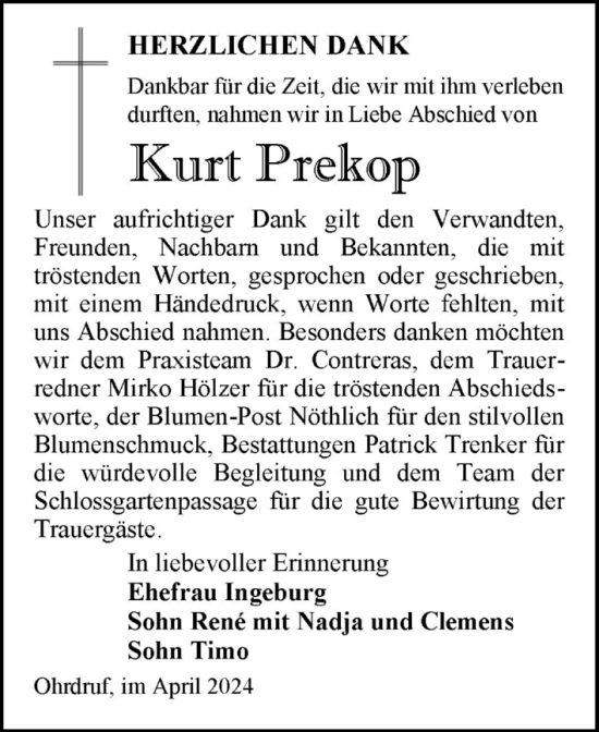 Traueranzeige von Kurt Prekop von Trauerkombi Bitterfeld