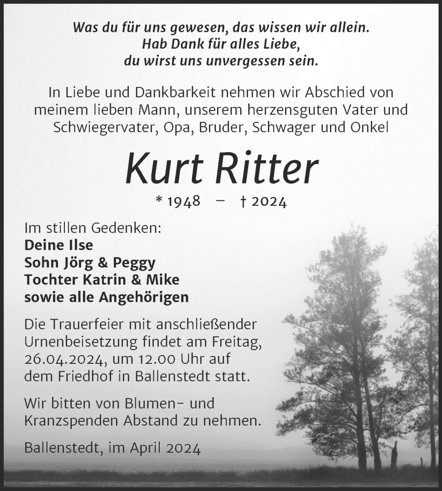  Traueranzeige für Kurt Ritter vom 13.04.2024 aus Trauerkombi Quedlinburg