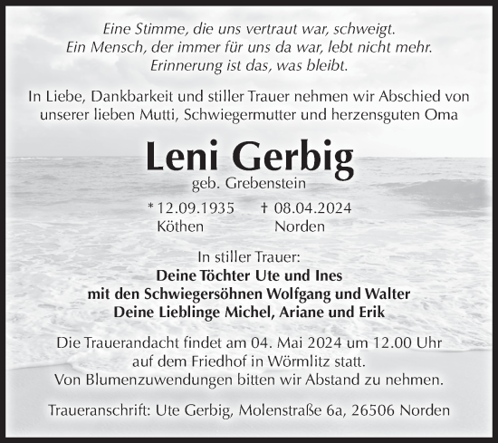 Traueranzeige von Leni Gerbig von Volksstimme Burg/Genthin