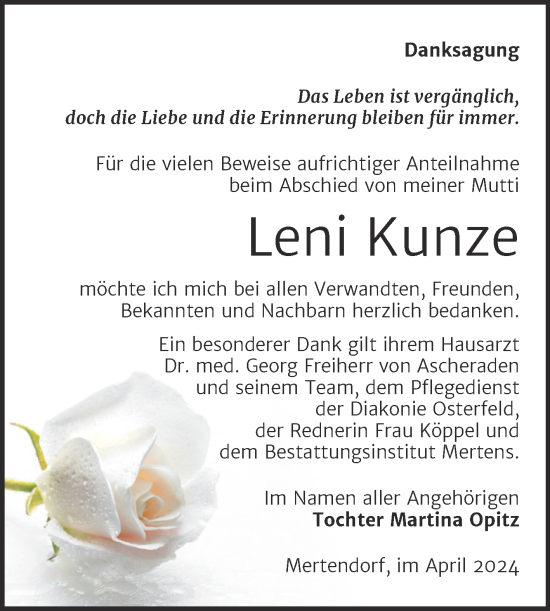Traueranzeige von Leni Kunze von Naumburger Tageblatt