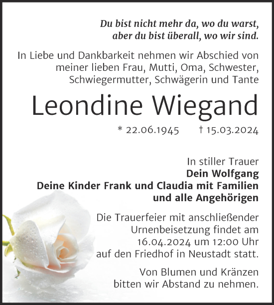 Traueranzeige von Leondine Wiegand von Mitteldeutsche Zeitung Halle/Saalkreis