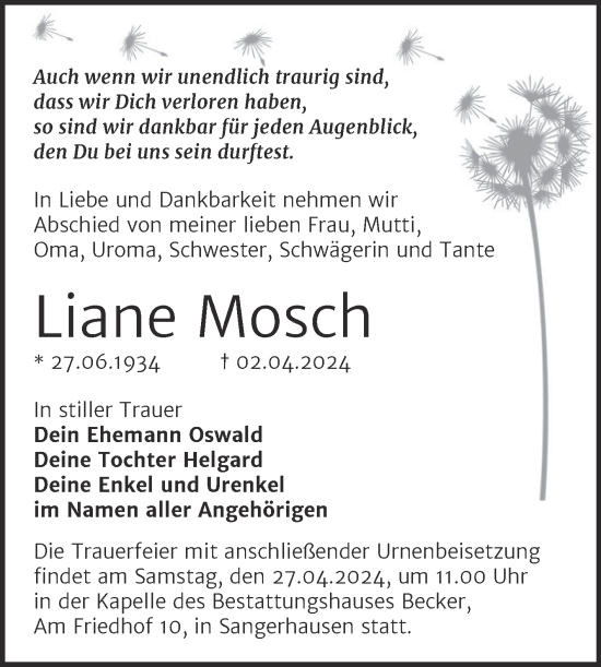 Traueranzeige von Liane Mosch von Trauerkombi Sangerhausen
