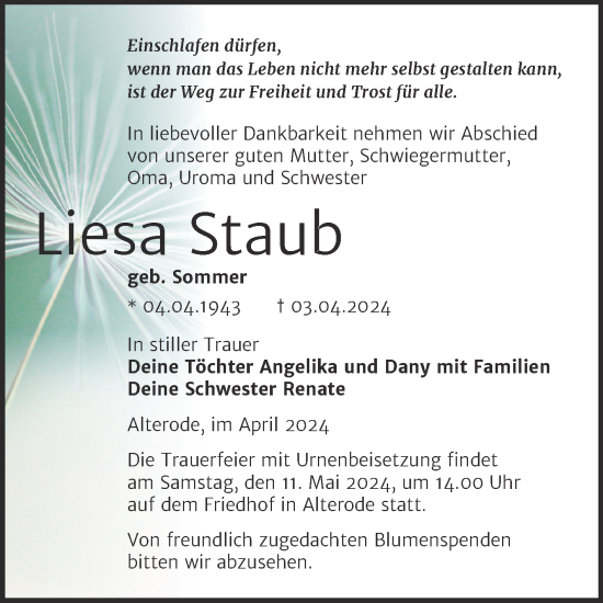 Traueranzeige von Liesa Staub von Trauerkombi Mansfelder Land