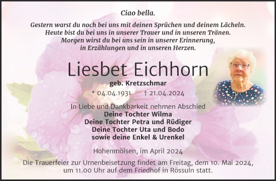 Traueranzeige von Liesbet Eichhorn von Trauerkombi Weißenfels