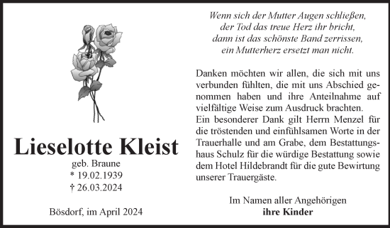 Traueranzeige von Lieselotte Kleist von Volksstimme Altmark West