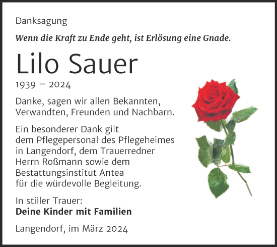 Traueranzeige von Lilo Sauer von Trauerkombi Weißenfels