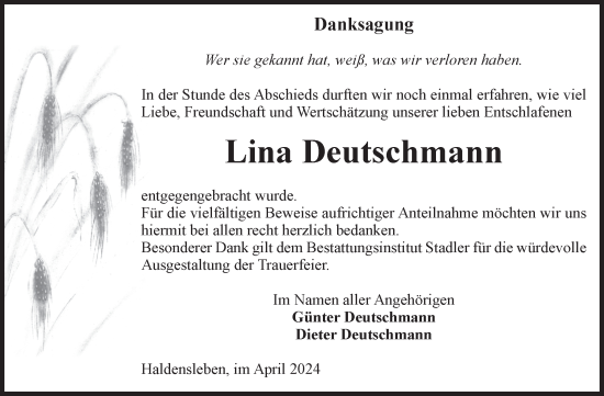 Traueranzeige von Lina Deutschmann von Volksstimme Haldensleben/Wolmirstedt