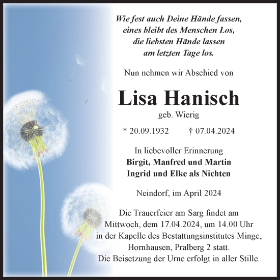 Traueranzeige von Lisa Hanisch von Volksstimme Oschersleben/Wanzleben