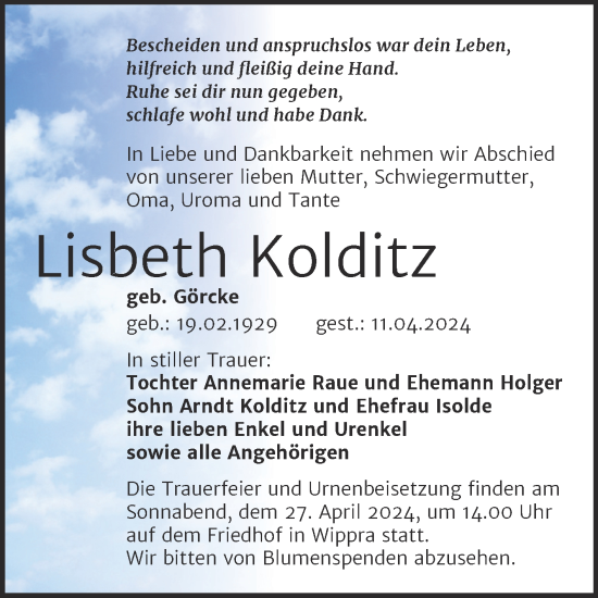 Traueranzeige von Lisbeth Kolditz von Trauerkombi Sangerhausen