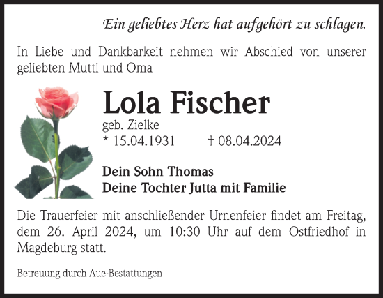 Traueranzeige von Lola Fischer von Volksstimme Magdeburg