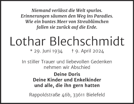 Traueranzeige von Lothar Blechschmidt von Trauerkombi Aschersleben