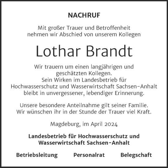 Traueranzeige von Lothar Brandt von Mitteldeutsche Zeitung Merseburg/Querfurt