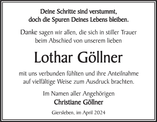 Traueranzeige von Lothar Göllner von Trauerkombi Aschersleben