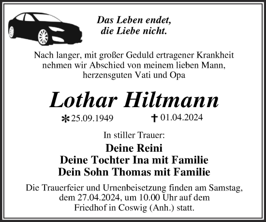 Traueranzeige von Lothar Hiltmann von Trauerkombi Wittenberg