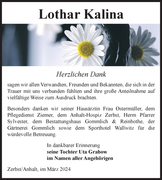 Traueranzeige von Lothar Kalina von Volksstimme Zerbst