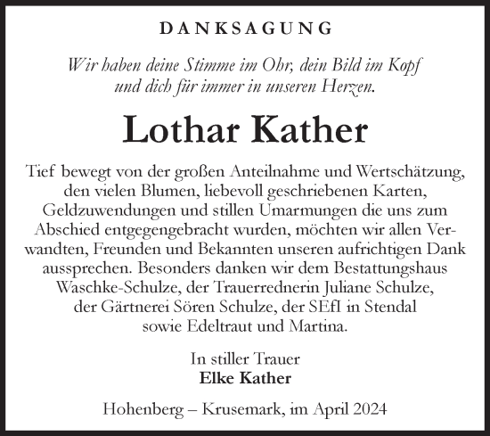 Traueranzeige von Lothar Kather von Volksstimme Altmark Ost