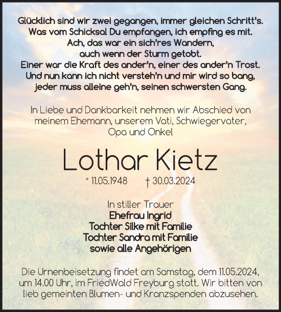 Traueranzeige von Lothar Kietz von Trauerkombi Merseburg