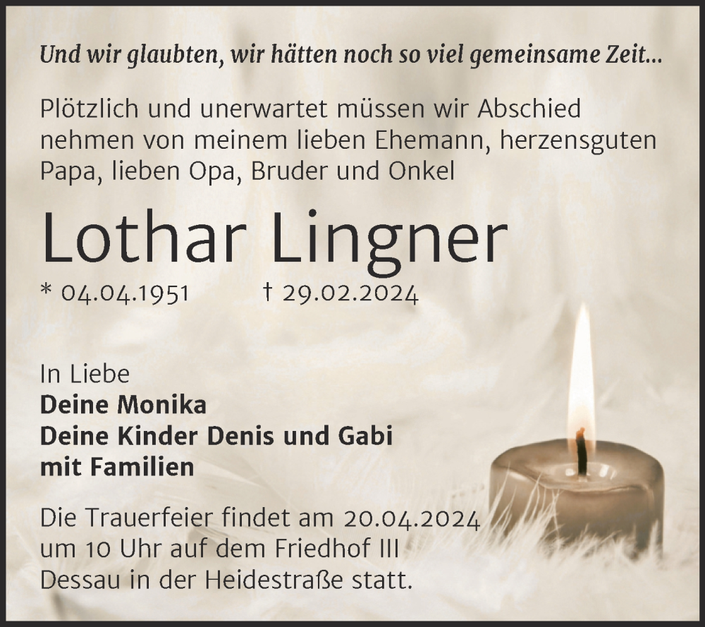 Traueranzeigen von Lothar Lingner www.abschiednehmen.de