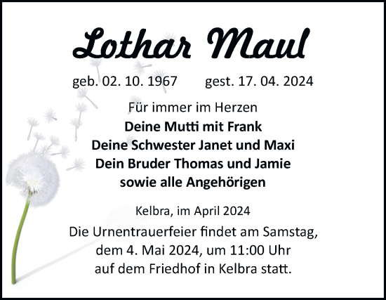 Traueranzeige von Lothar Maul von Mitteldeutsche Zeitung Sangerhausen