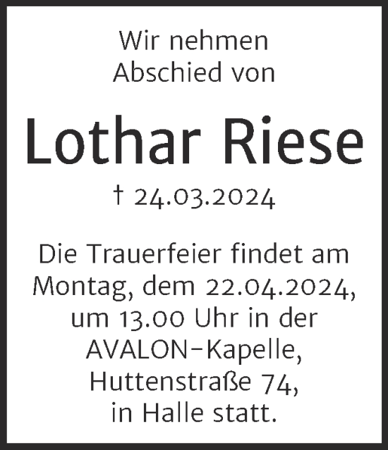 Traueranzeige von Lothar Riese von Mitteldeutsche Zeitung Halle/Saalkreis