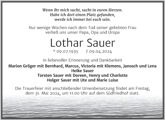 Traueranzeige von Lothar Sauer von Mitteldeutsche Zeitung Halle/Saalkreis